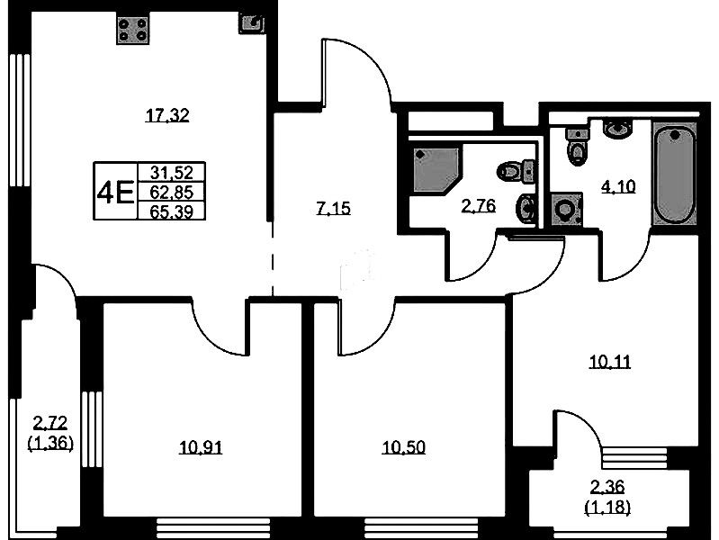 3-комнатная квартира 65.39 м², 1/9 эт., ЖК «GloraX Новоселье»